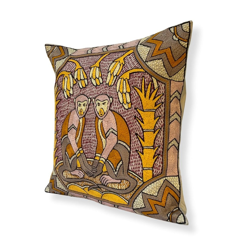 African Dawn Vervet Monkeys Hand-Embroidered Cushion Cover