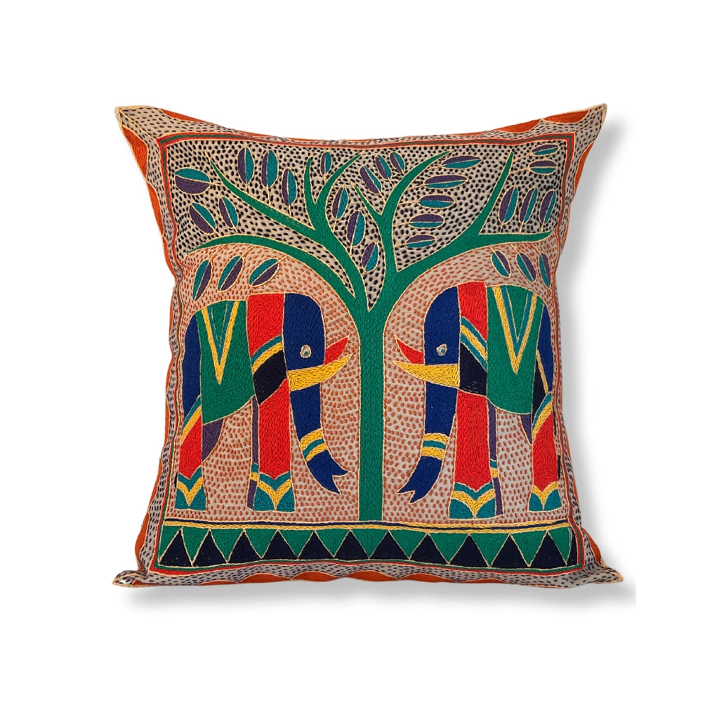 Happy Days Elephant Pair Hand-Embroidered Cushion Cover