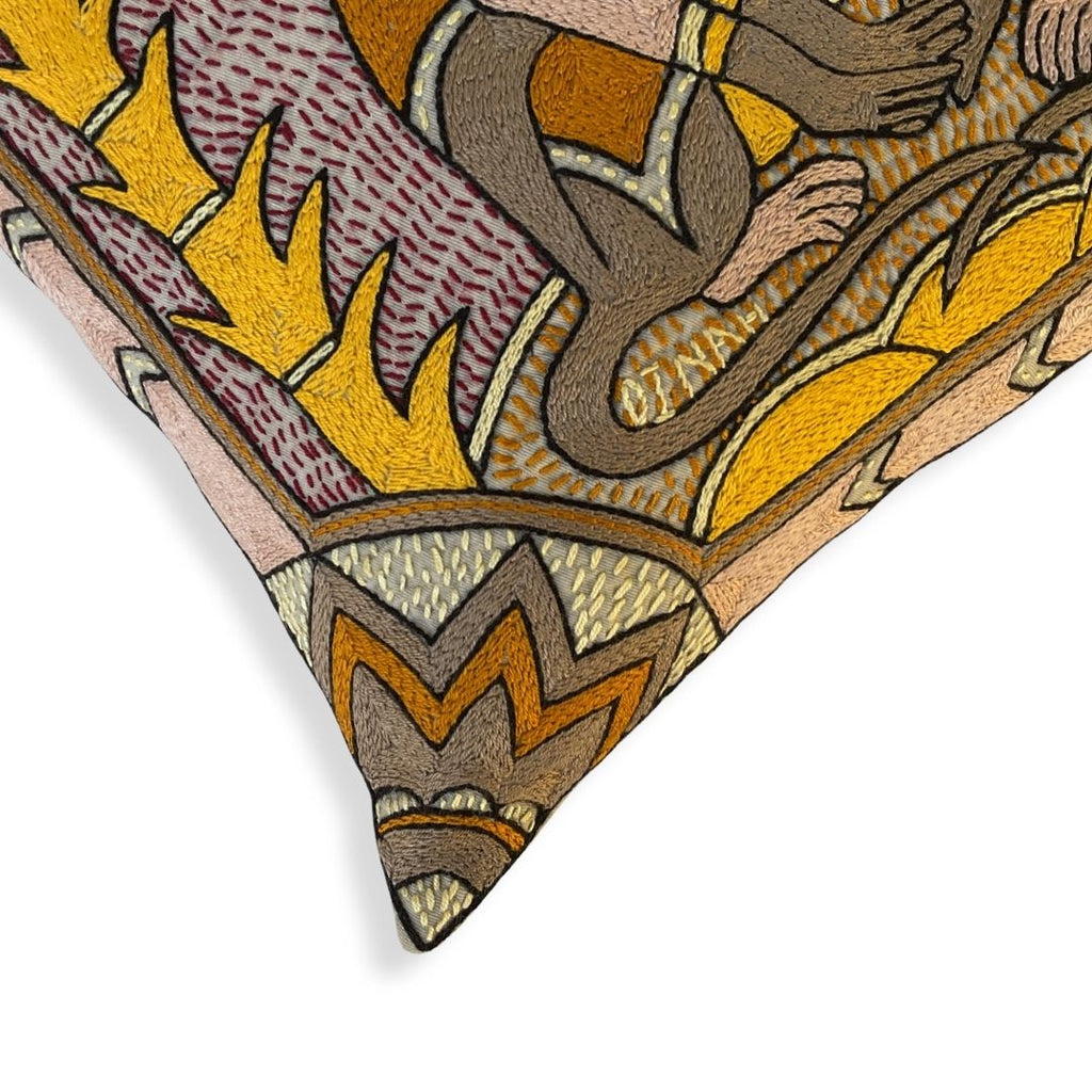 African Dawn Vervet Monkeys Hand-Embroidered Cushion Cover