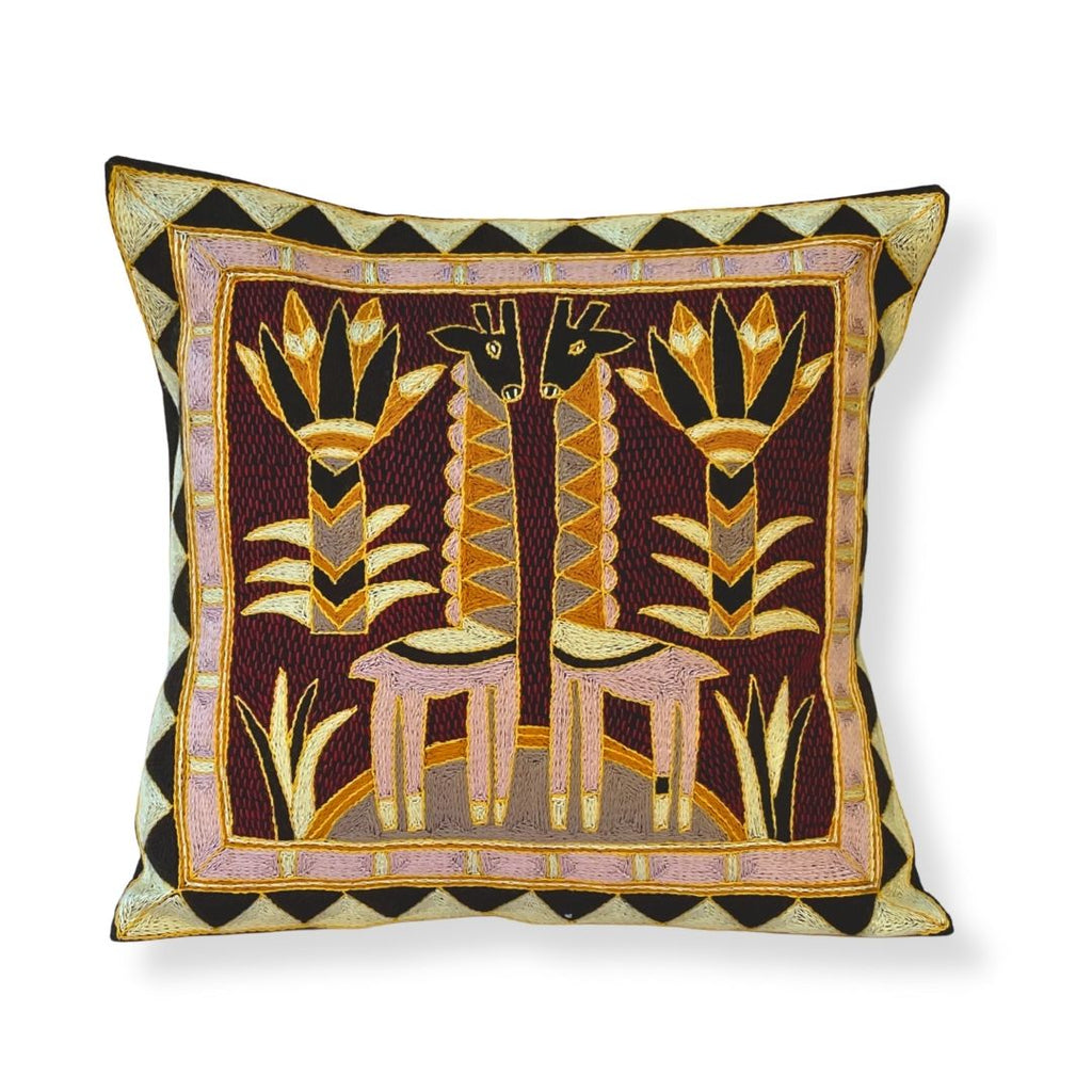 African Dawn Giraffe Brothers Hand-Embroidered Cushion Cover