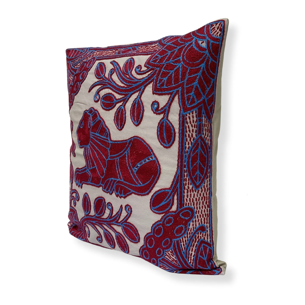 Turaco Lion in Bloom Hand-Embroidered Cushion Cover