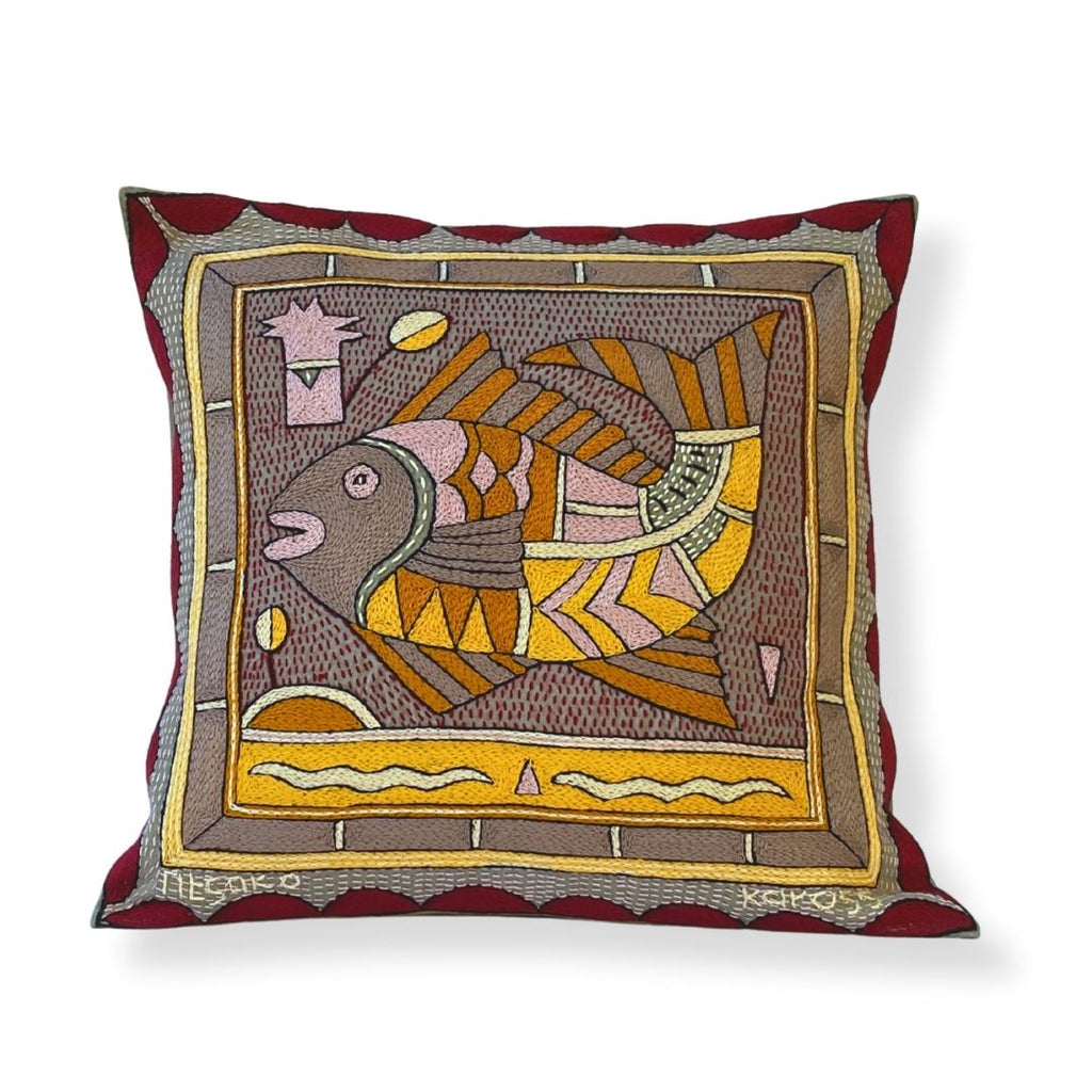 African Dawn Fat Fish Hand-Embroidered Cushion Cover