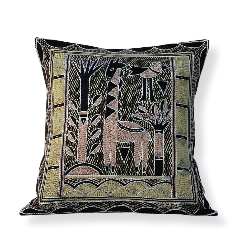 Scatterling of Africa Giraffe Grazing Hand-Embroidered Cushion Cover