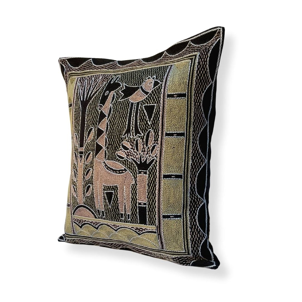 Scatterling of Africa Giraffe Grazing Hand-Embroidered Cushion Cover