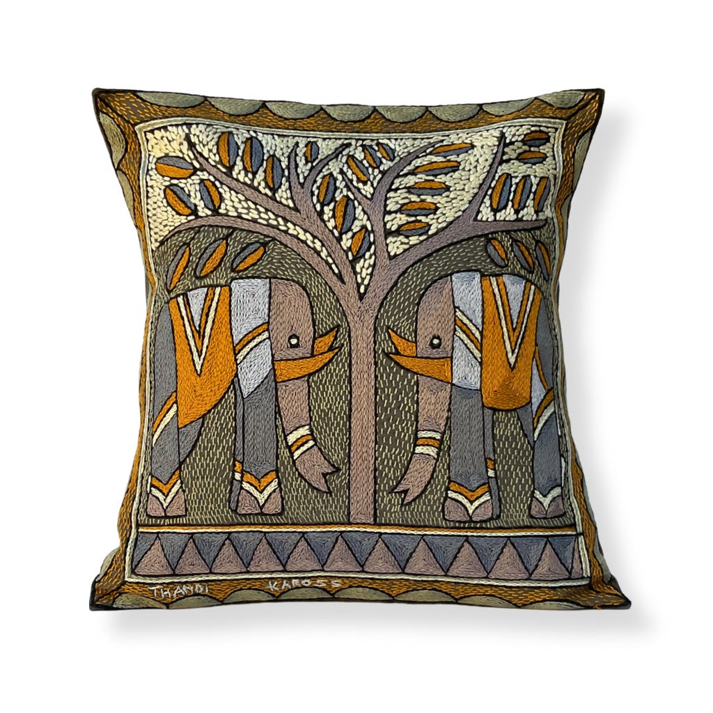 Ode to the African Savannah Elephant Pair Hand-Embroidered  Cushion Cover