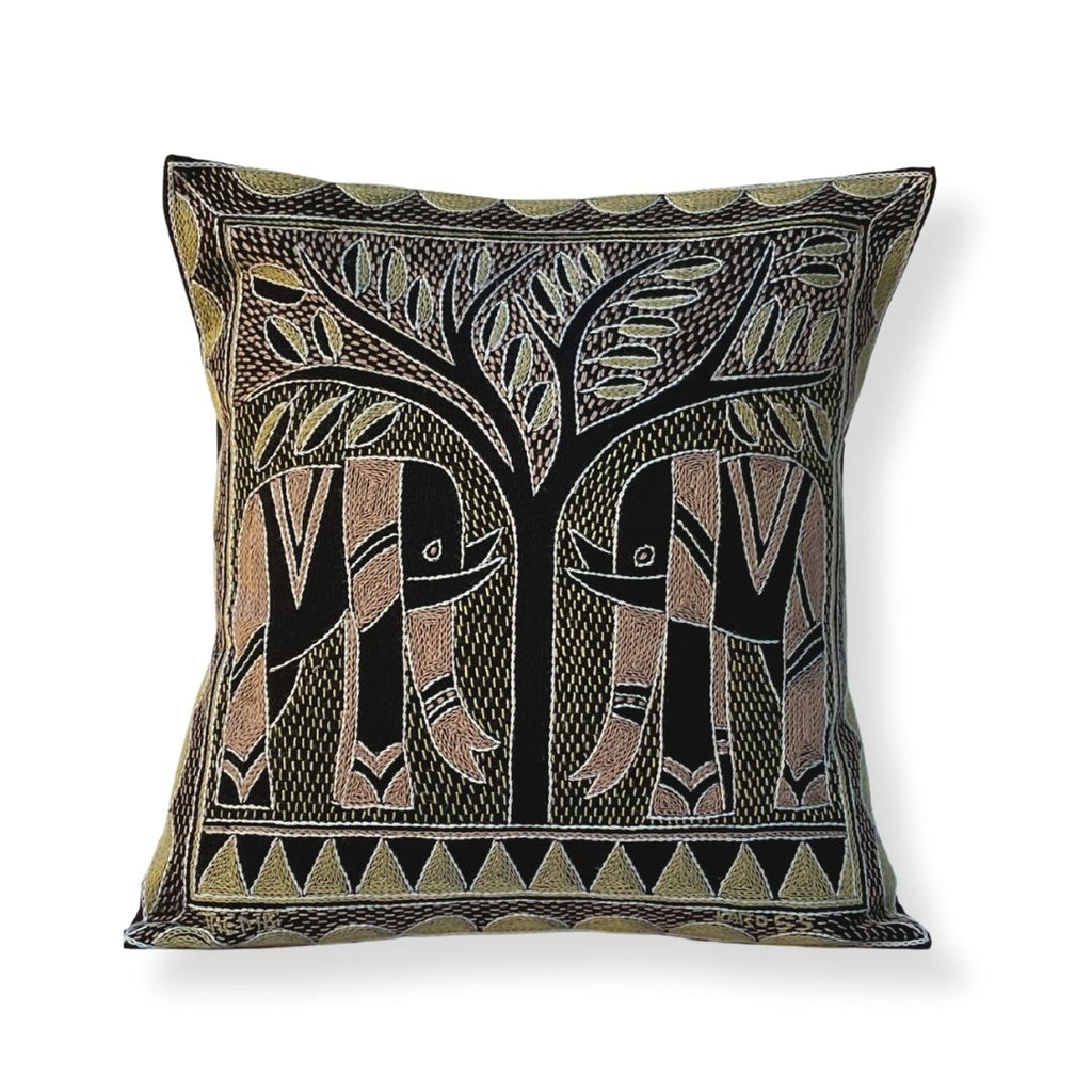 Scatterling of Africa Elephant Pair Hand-Embroidered Cushion Cover