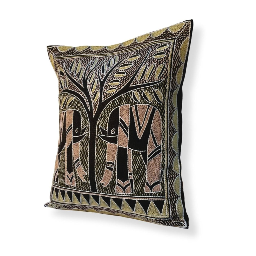 Scatterling of Africa Elephant Pair Hand-Embroidered Cushion Cover