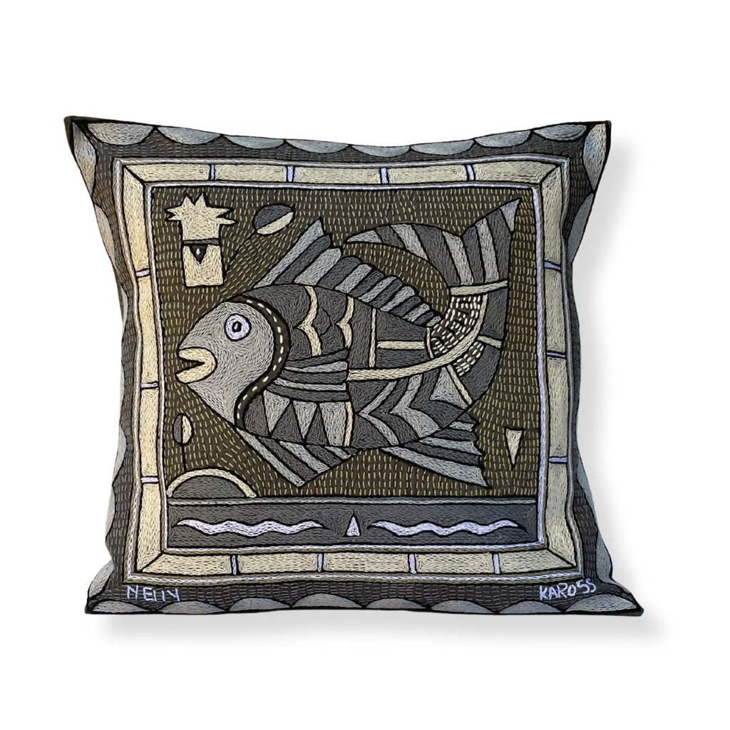 Scatterling of Africa Fat Fish Hand-Embroidered Cushion Cover