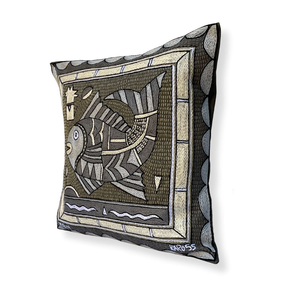 Scatterling of Africa Fat Fish Hand-Embroidered Cushion Cover