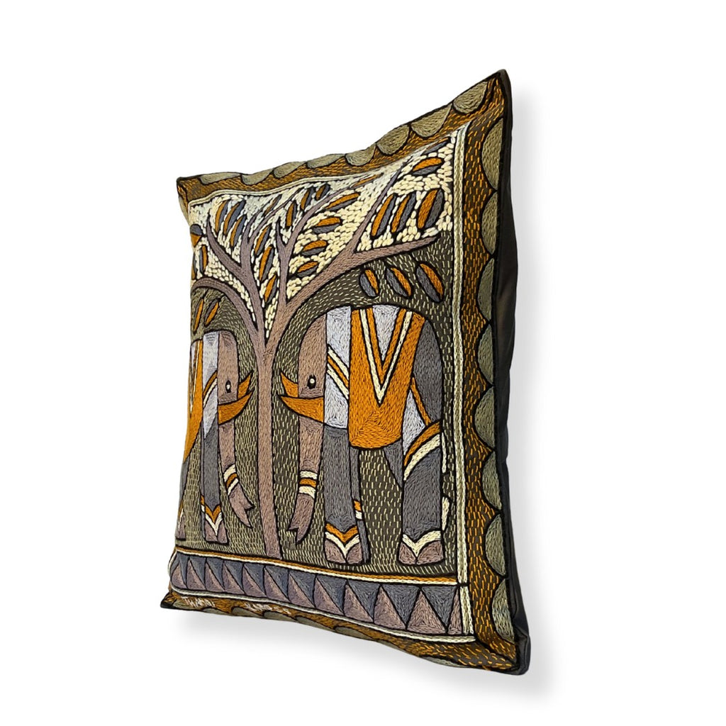 Ode to the African Savannah Elephant Pair Hand-Embroidered  Cushion Cover