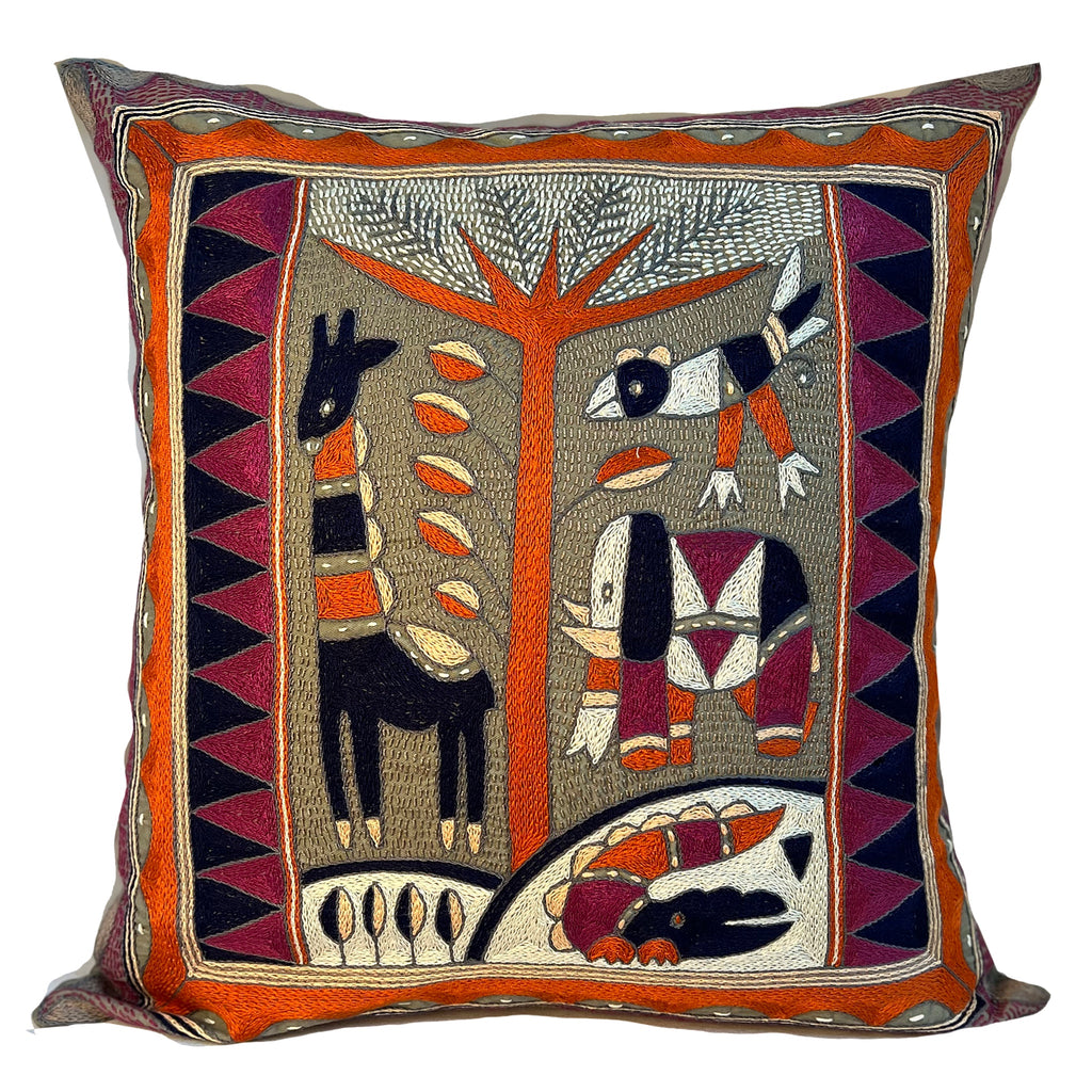 Ruby Sunset Animals by the River Hand-Embroidered Cushion Cover