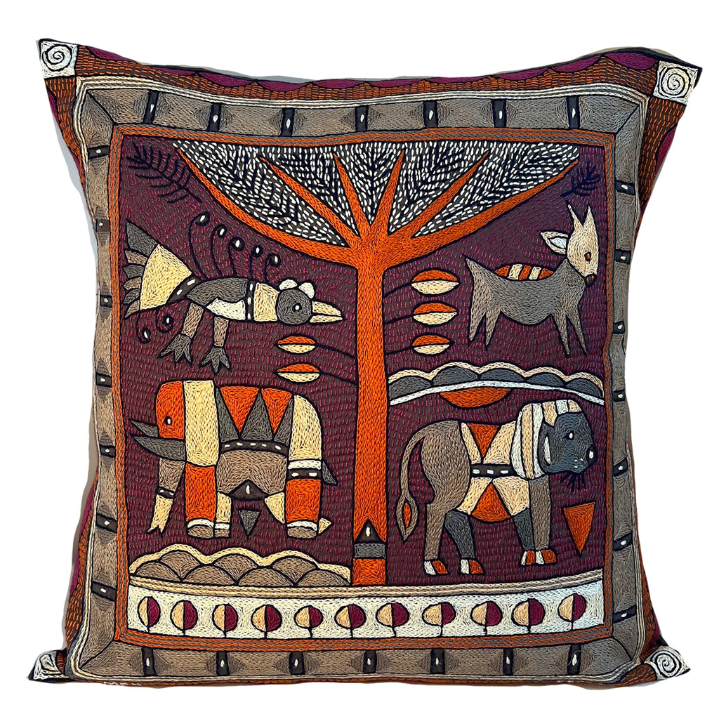 Ruby Sunset Lion Hunt Hand-Embroidered Cushion Cover