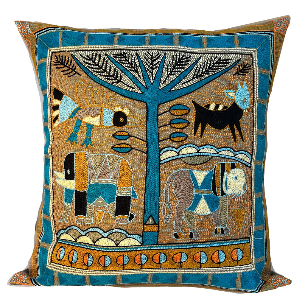 Coastal Calm Lion Hunt Hand-Embroidered Cushion Cover