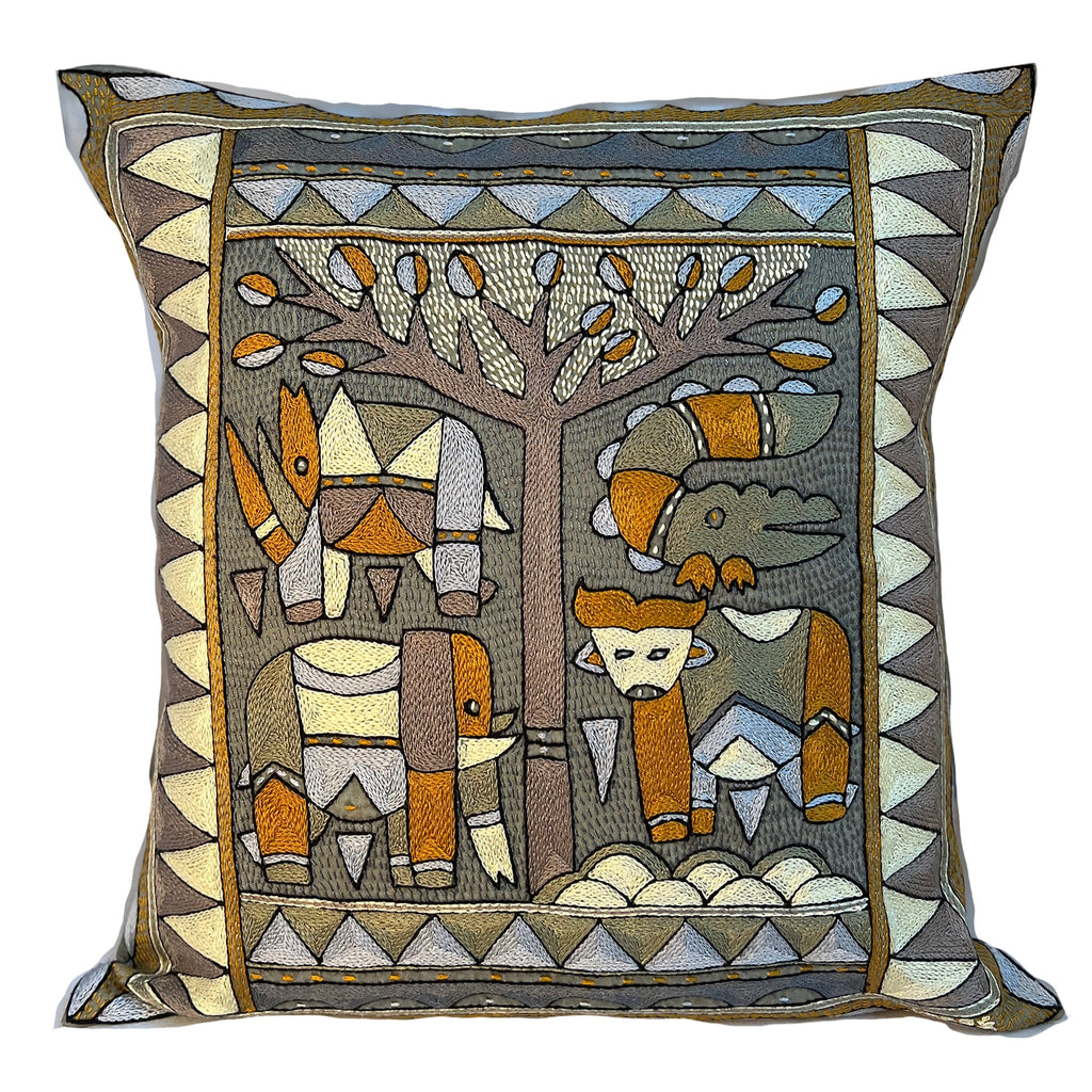 Ode to the African Savannah Animals under a Thorntree Hand-Embroidered Cushion Cover