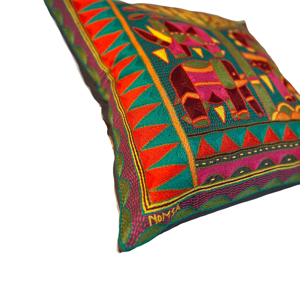 Shangaan Love Animals under a Thorntree Hand-Embroidered Cushion Cover