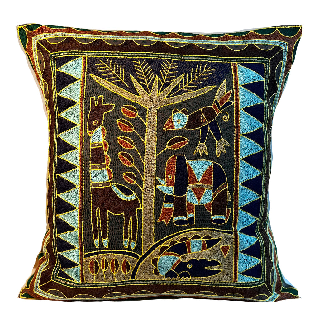 Mopani Moments Animals by the River Hand-Embroidered Cushion Cover