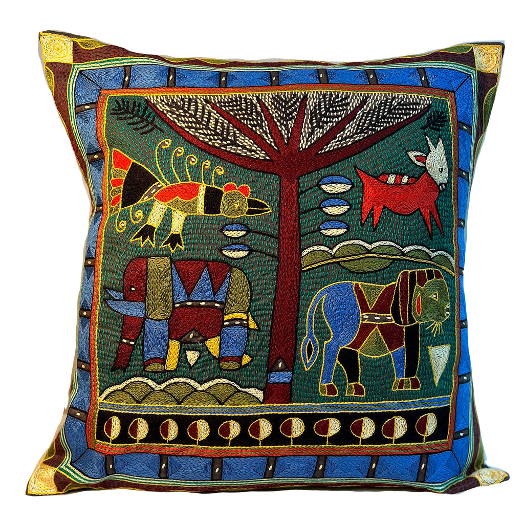 Viva Africa Lion Hunt Hand-Embroidered Cushion Cover