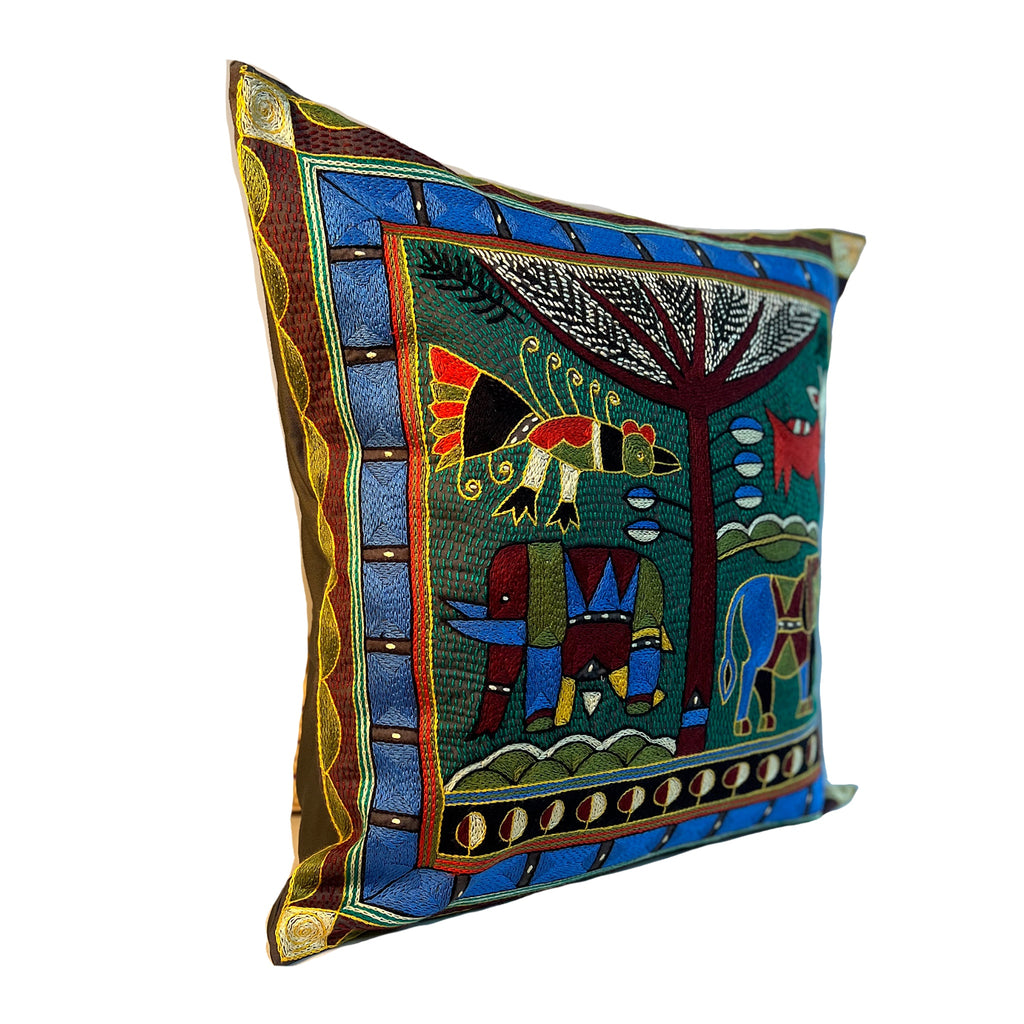Viva Africa Lion Hunt Hand-Embroidered Cushion Cover