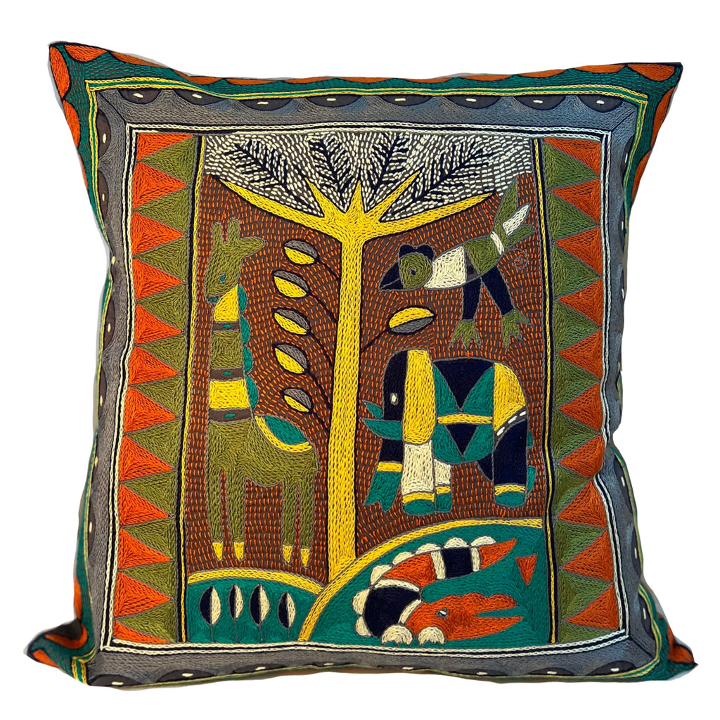 Bushveld Lush Animals by the River Hand-Embroidered Cushion Cover