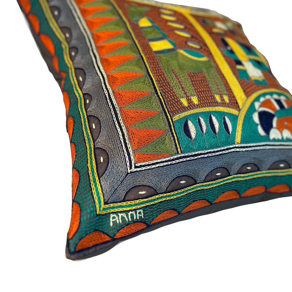 Bushveld Lush Animals by the River Hand-Embroidered Cushion Cover