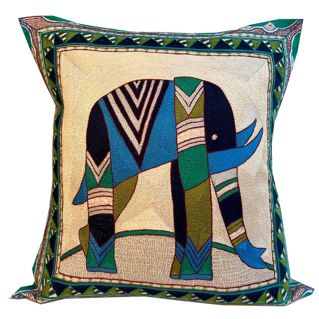 Turaco Large Elephant facing to the Right Hand-Embroidered Cushion Cover