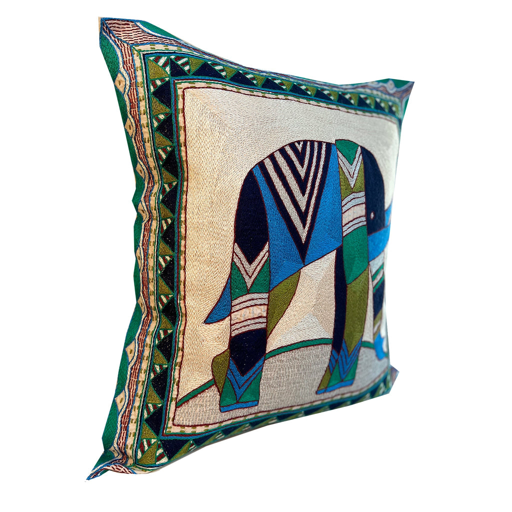 Turaco Large Elephant facing to the Right Hand-Embroidered Cushion Cover