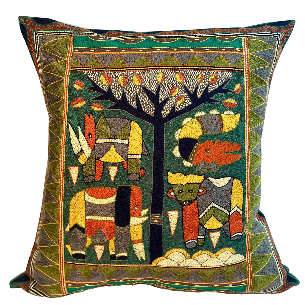 Bushveld Lush Animals Under a Thorntree Hand-Embroidered Cushion Cover