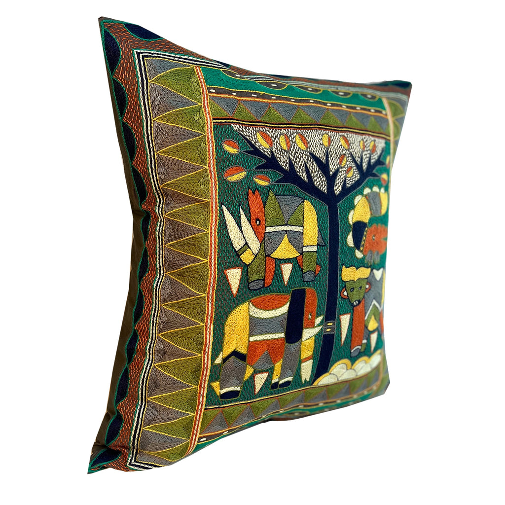 Bushveld Lush Animals Under a Thorntree Hand-Embroidered Cushion Cover