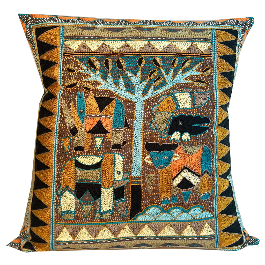 Coastal Calm Animals Under a Thorntree Tree Hand-Embroidered Cushion Cover