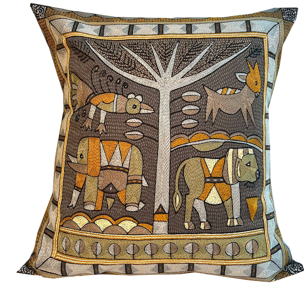 Ode to the African Savannah Lion hunt Hand-Embroidered Cushion Cover