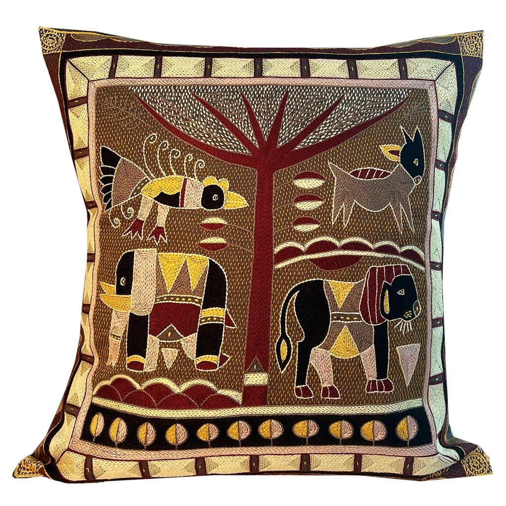 African Dawn Lion Hunt Hand-Embroidered Cushion Cover