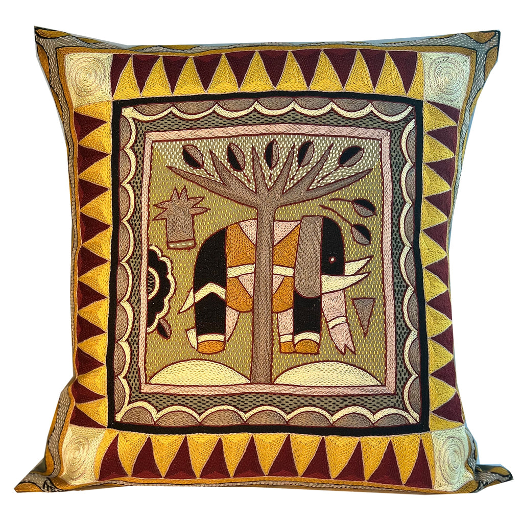 African Dawn Large Elephant Hand-Embroidered Cushion Cover