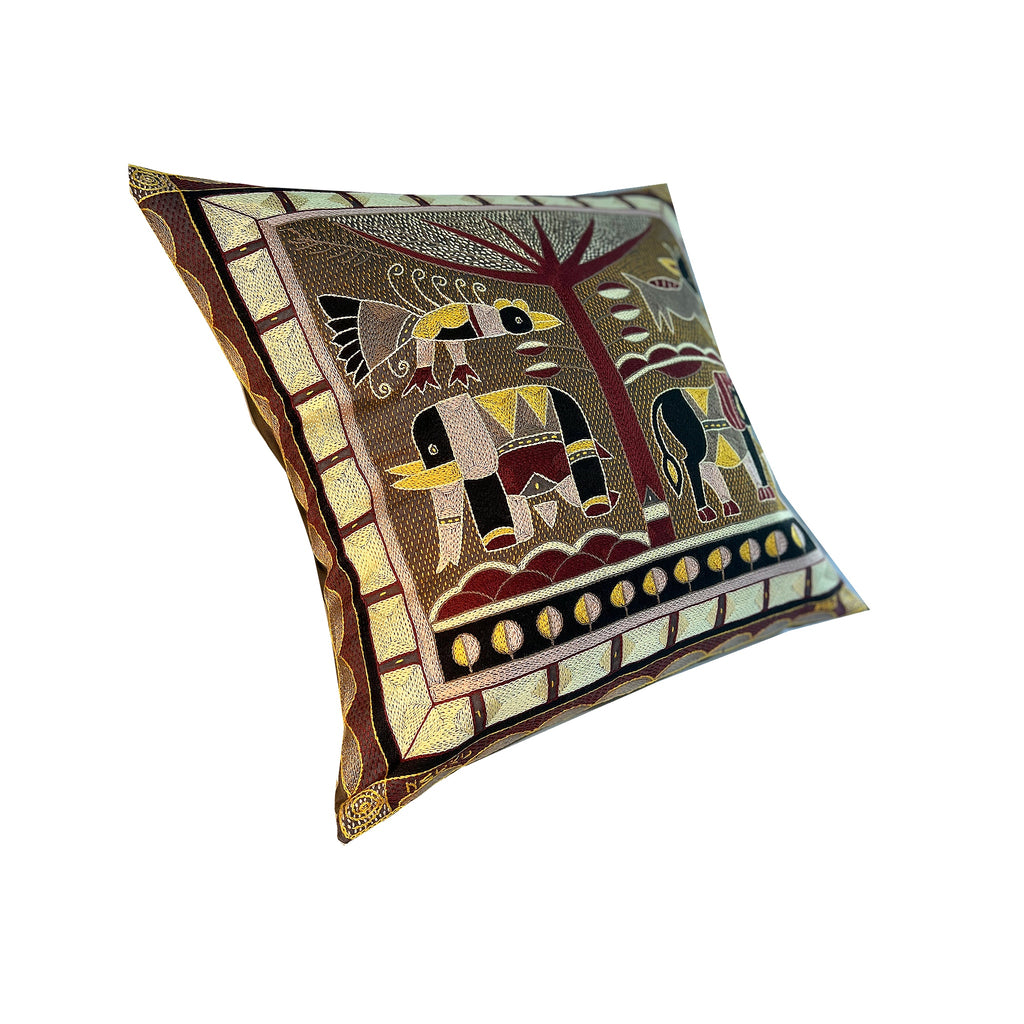 African Dawn Large Elephant Hand-Embroidered Cushion Cover