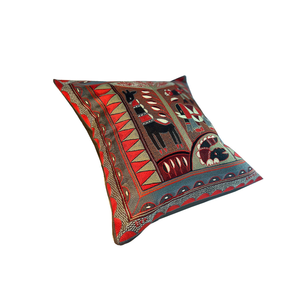 Royal Zulu Animals by the River Hand-Embroidered Cushion Cover