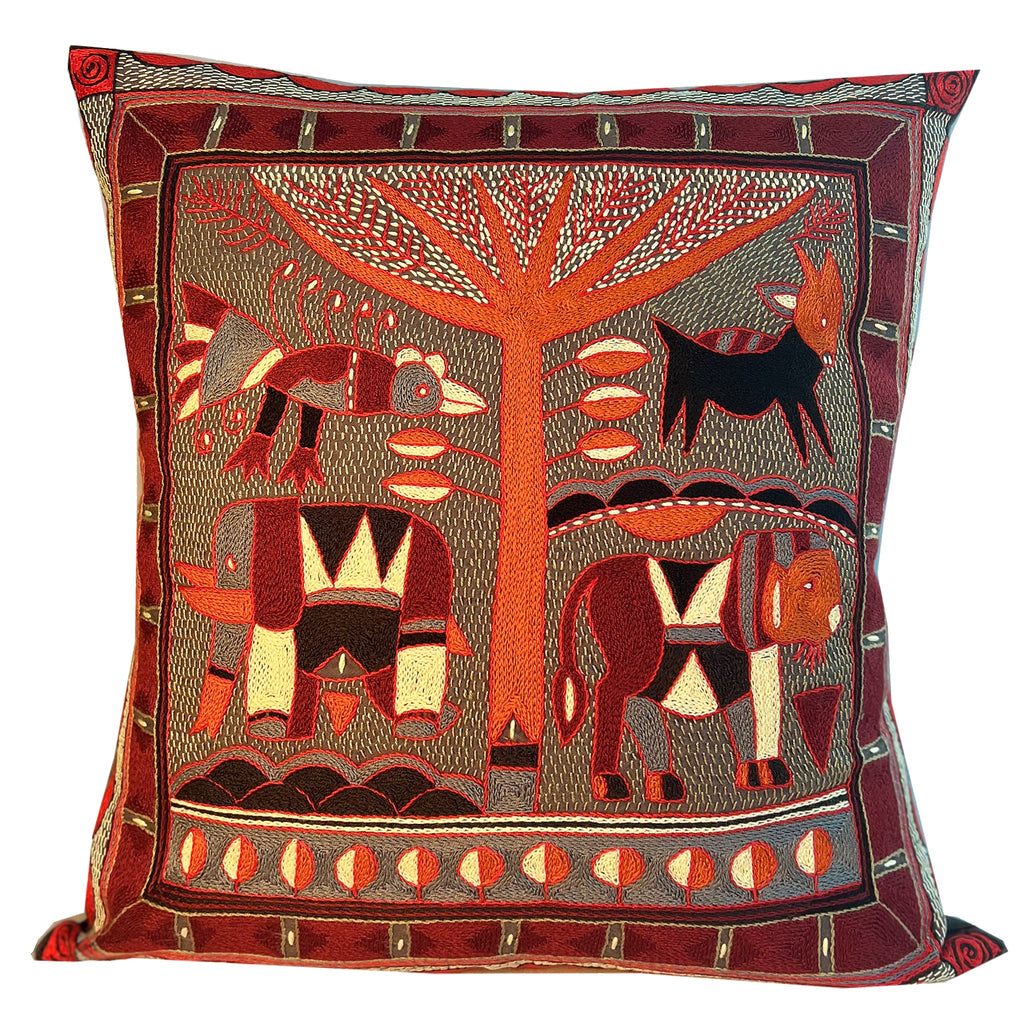 Royal Zulu Lion Hunt Hand-Embroidered Cushion Cover