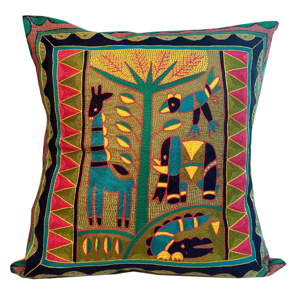 Shangaan Love Animals by the River Hand-Embroidered Cushion Cover