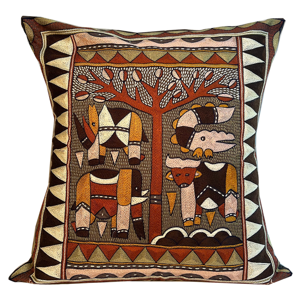 Namib Rust Animals under a Thorntree Hand-Embroidered Cushion Cover