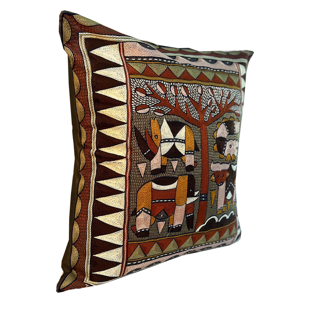 Namib Rust Animals under a Thorntree Hand-Embroidered Cushion Cover