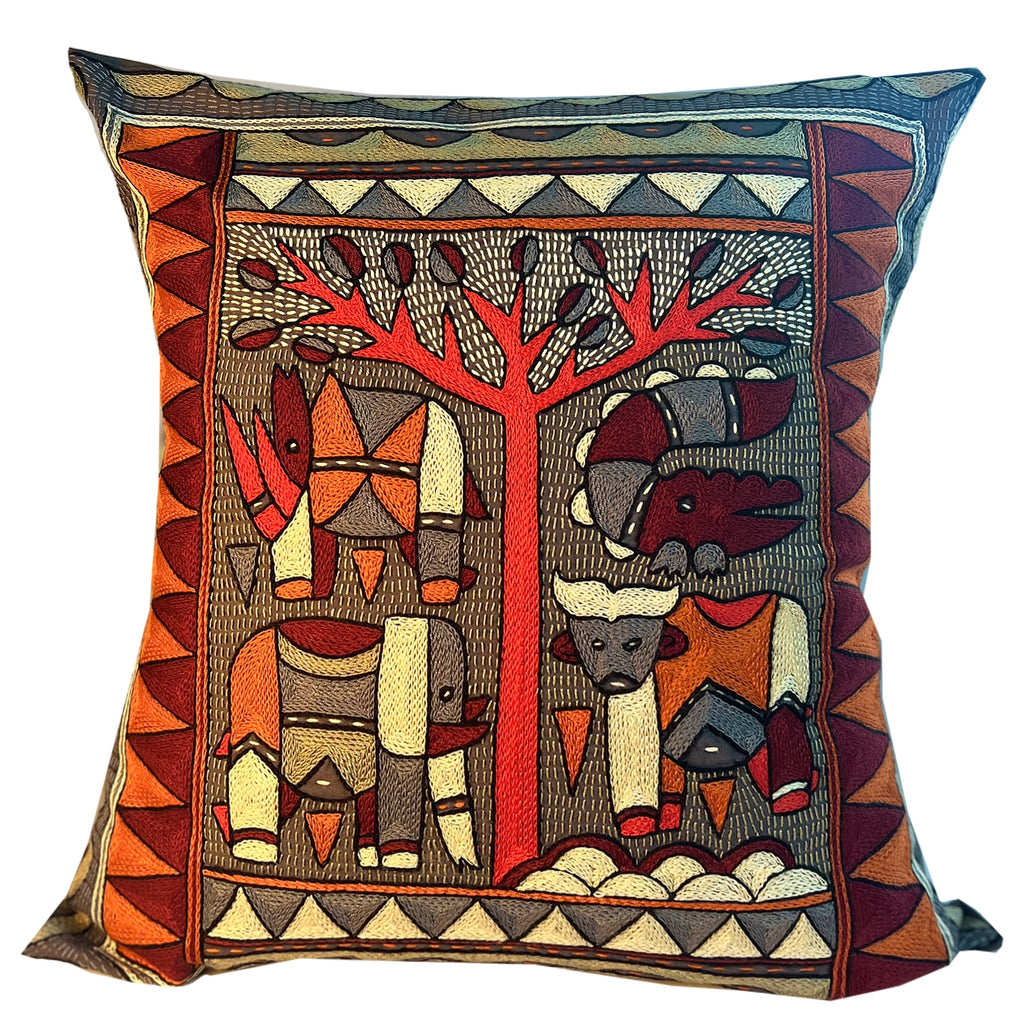 Royal Zulu Animals under a Thorntree Hand-Embroidered Cushion Cover