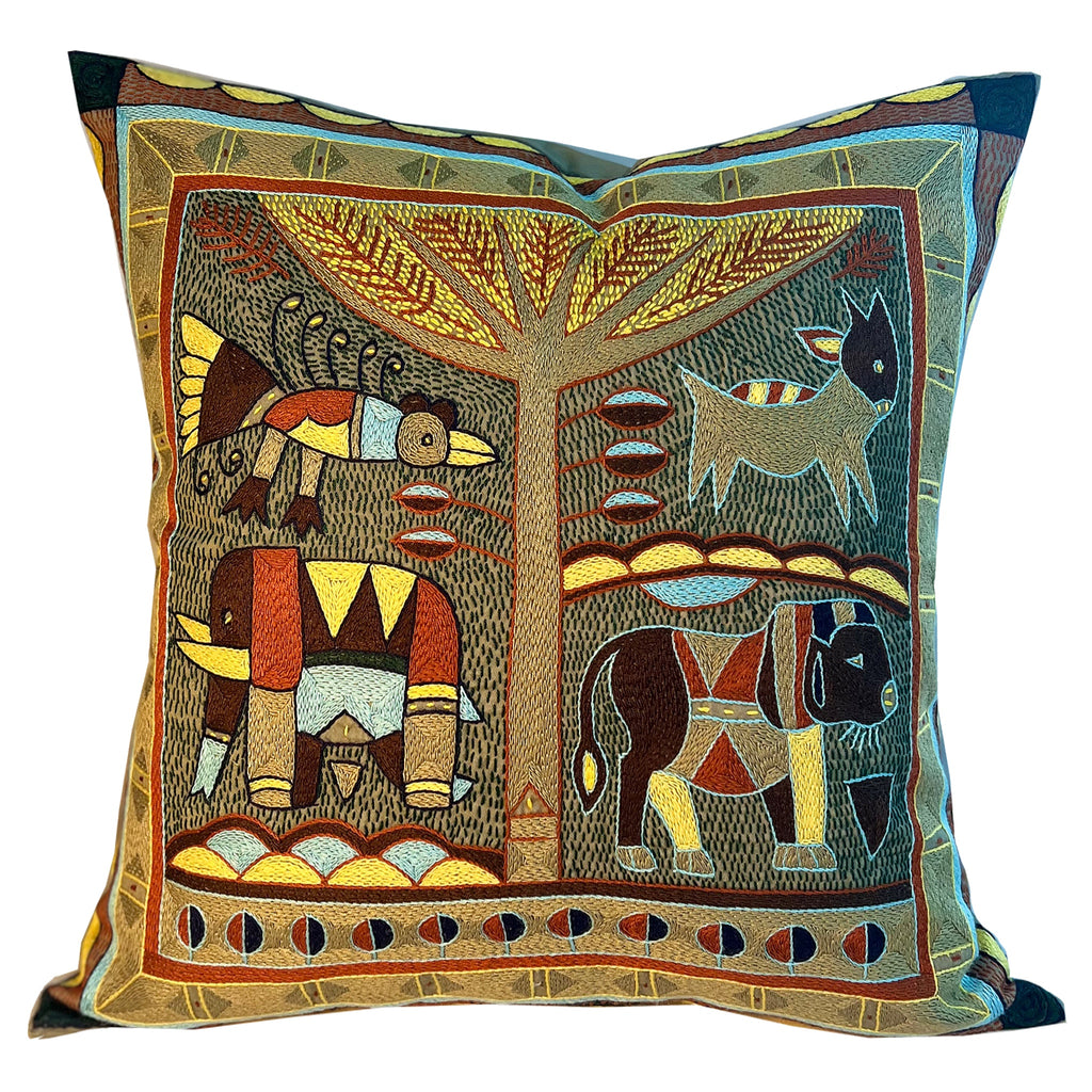 Mopani Moments Lion Hunt Hand-Embroidered Cushion Cover
