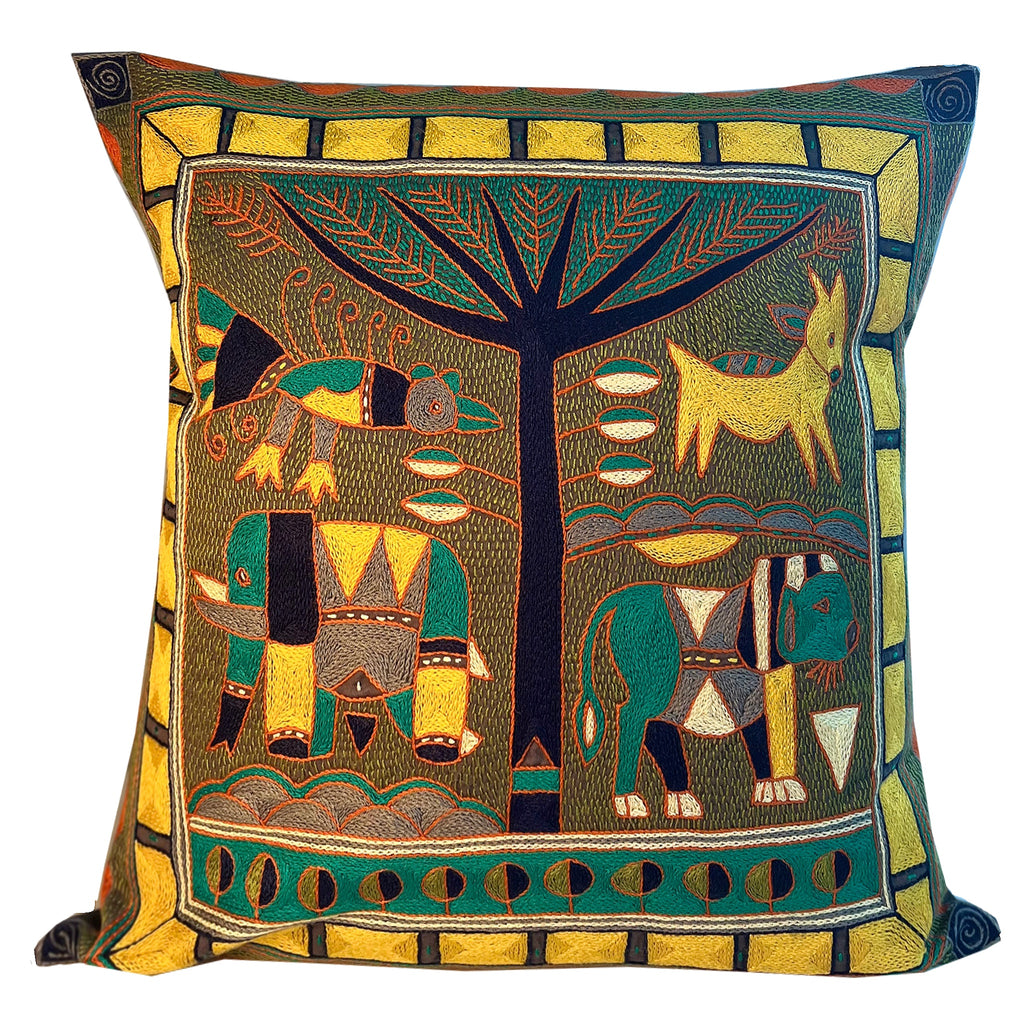 Bushveld Lush Lion Hunt Cushion Hand-Embroidered Cover