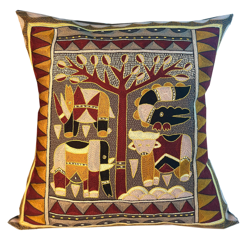 African Dawn Animals under a Thorntree Hand-Embroidered Cushion Cover