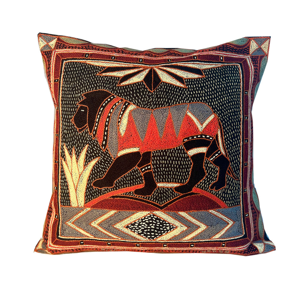 Royal Zulu Lion Hand-Embroidered Cushion Cover