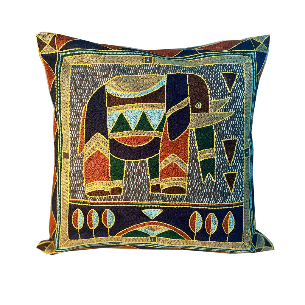 Mopani Moments Elephant Cow Hand-Embroidered Cushion Cover