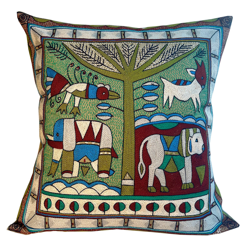 Turaco Lion Hunt Hand-Embroidered Cushion Cover