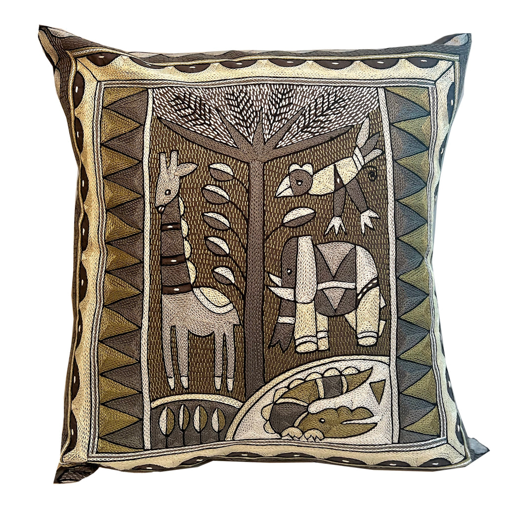 Scatterling of Africa Animals by the River Hand-Embroidered Cushion Cover