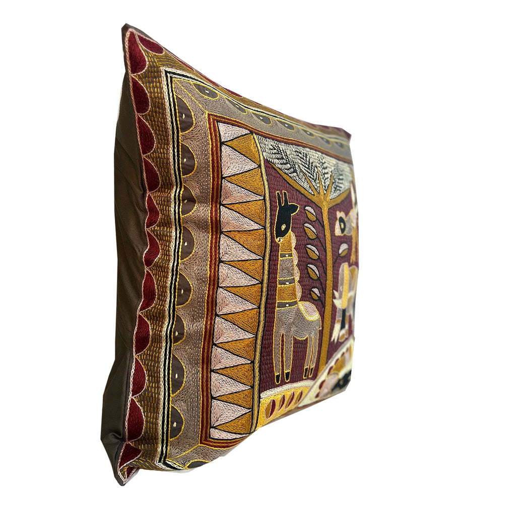 African Dawn Animals by the River Hand-Embroidered Cushion Cover