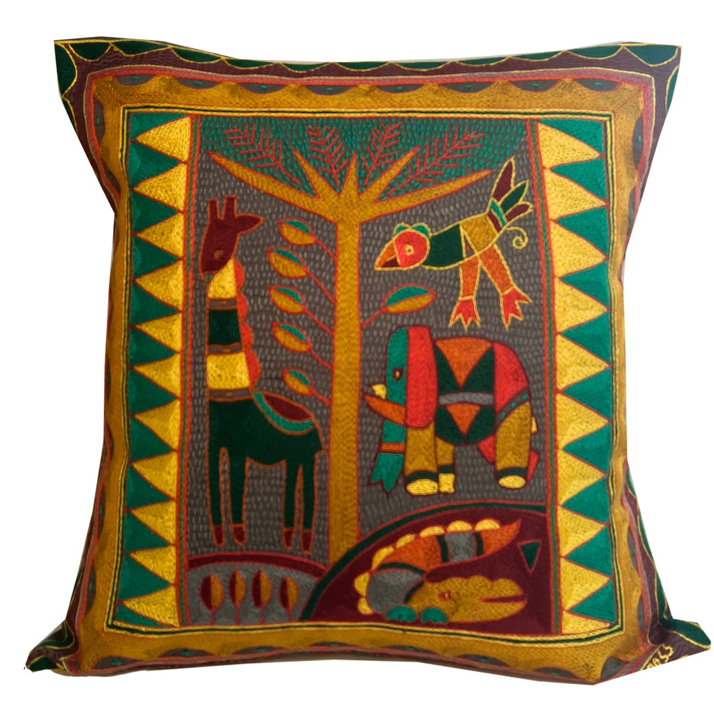 Viva Africa Animals by the River Hand-Embroidered Cushion Cover