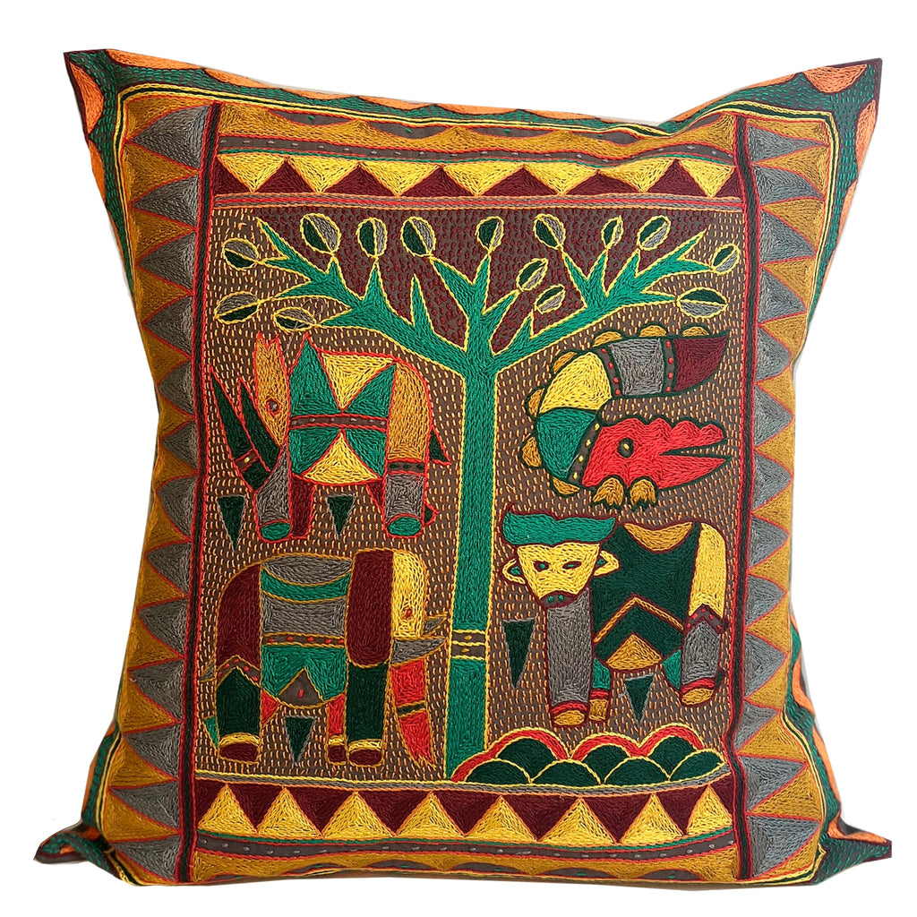 Viva Africa Animals under a Thorntree Hand-Embroidered Cushion Cover