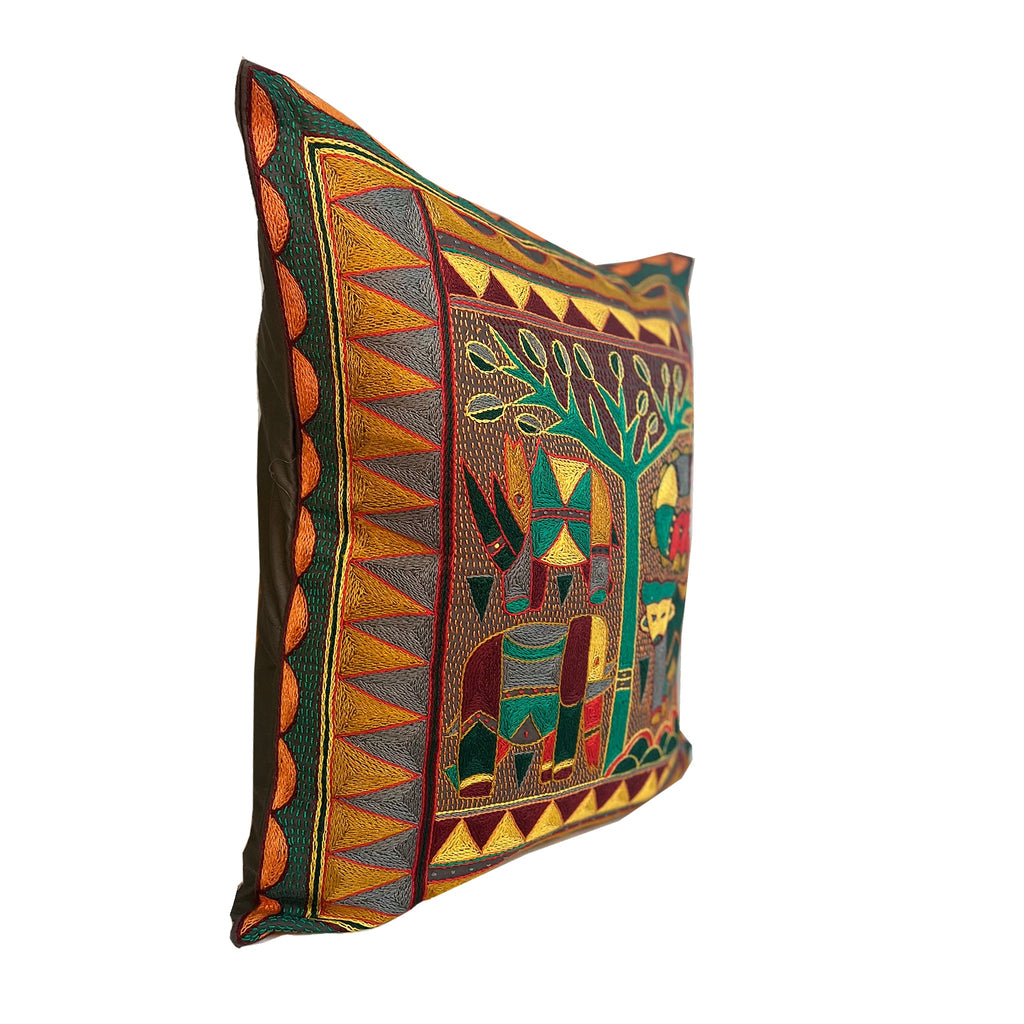 Viva Africa Animals under a Thorntree Hand-Embroidered Cushion Cover